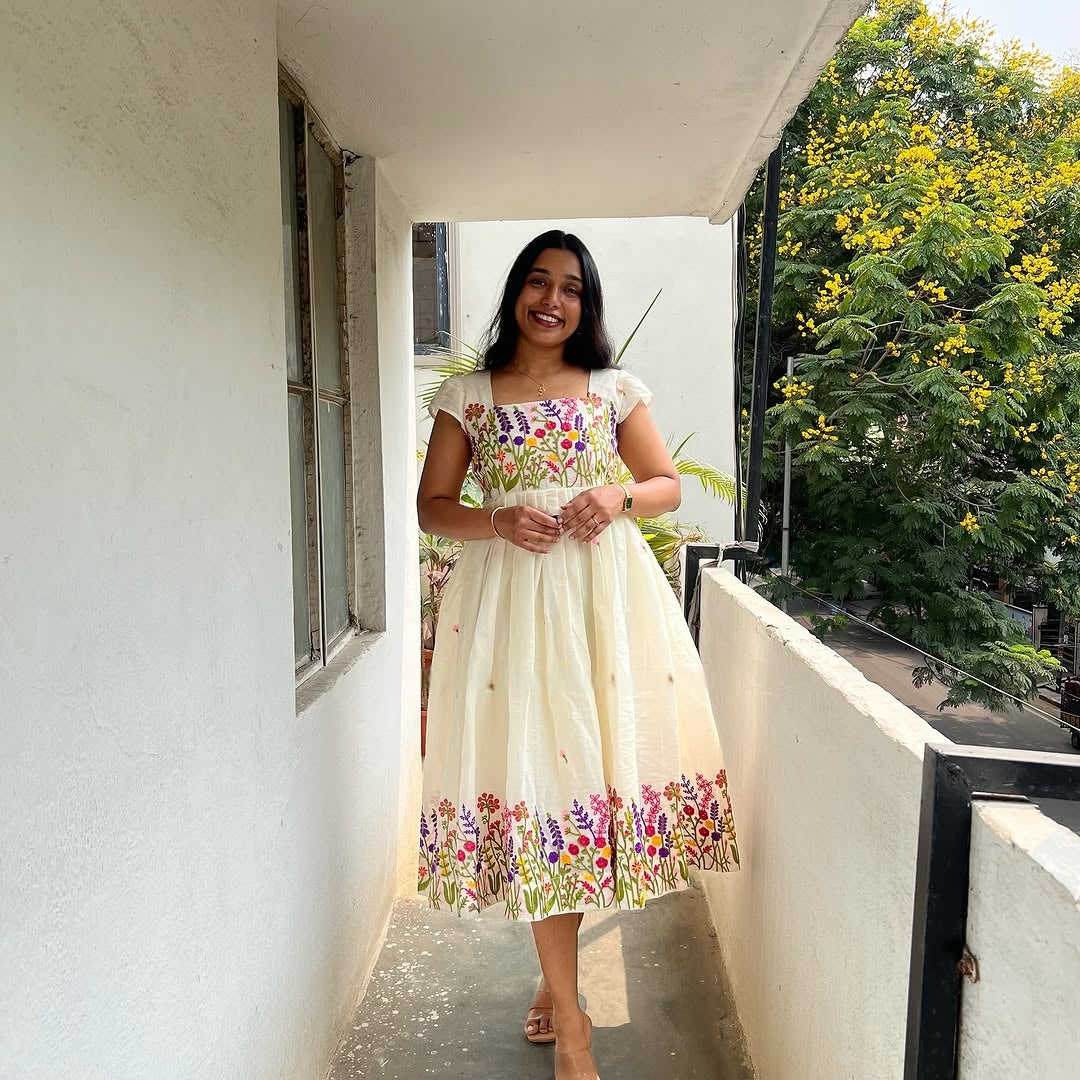 Floral Embroidered Puff Sleeve Empire Frock
