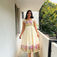 Floral Embroidered Puff Sleeve Empire Frock