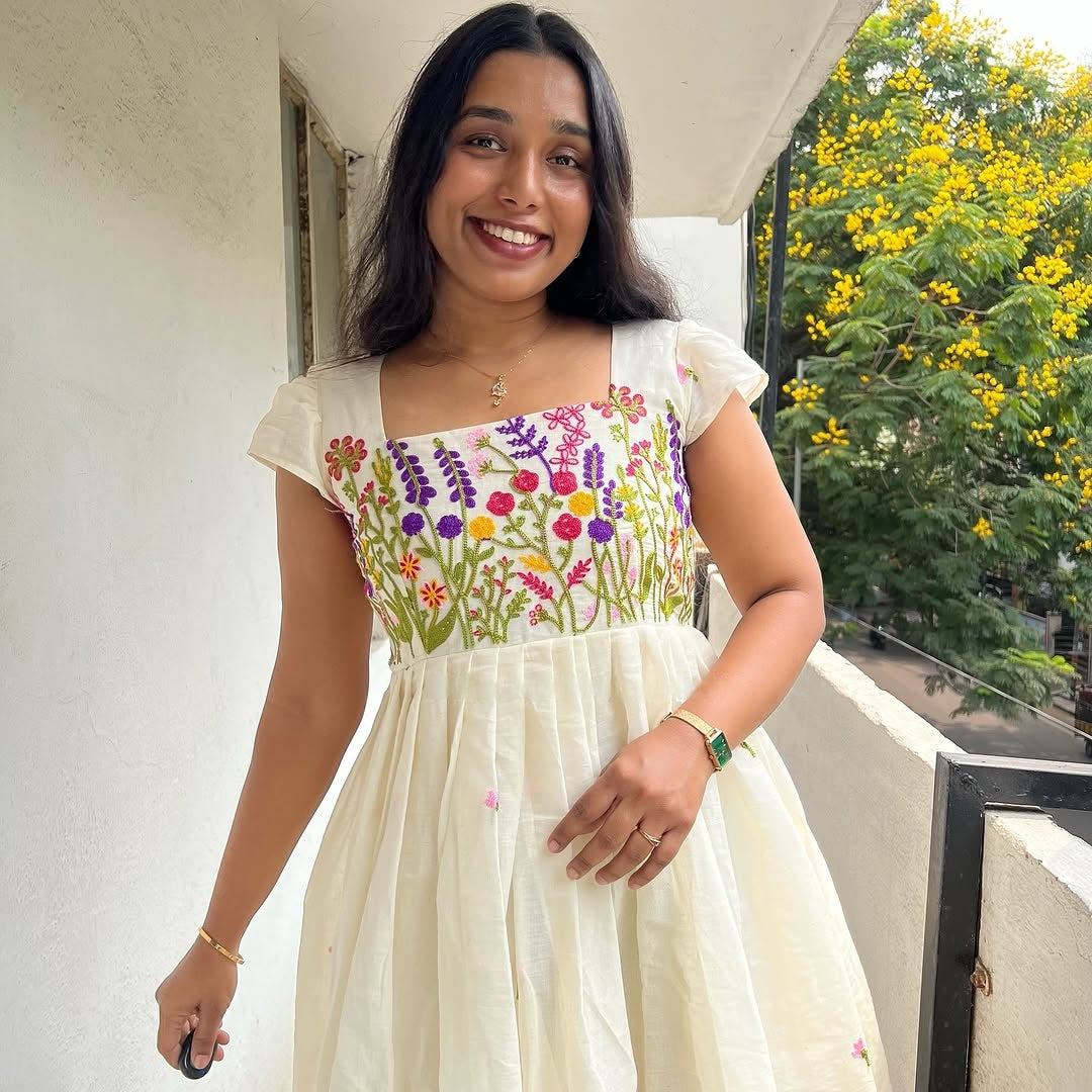 Floral Embroidered Puff Sleeve Empire Frock