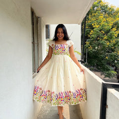 Floral Embroidered Puff Sleeve Empire Frock